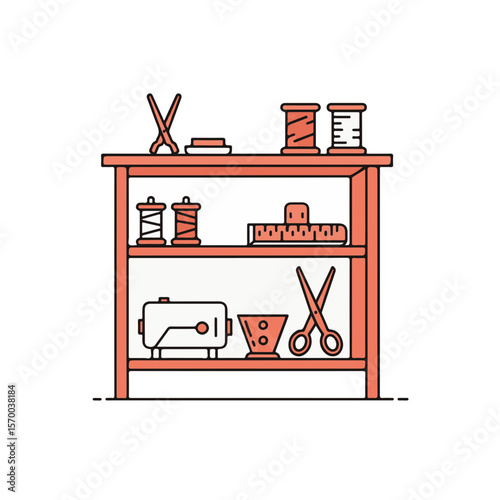 A illustration of sewing tools and materials neatly arranged on a shelf. 