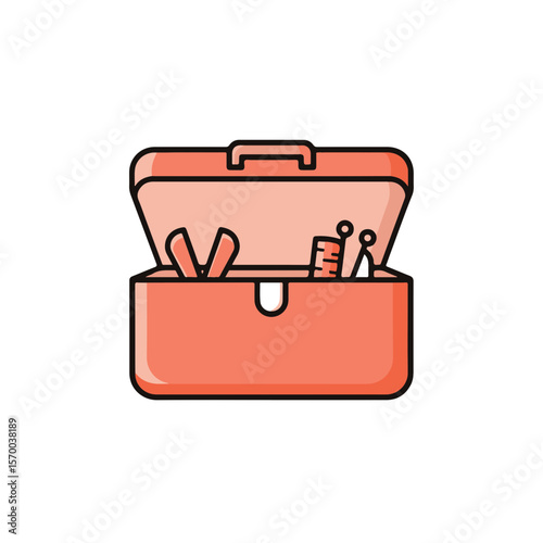 An opened container holding various sewing tools.