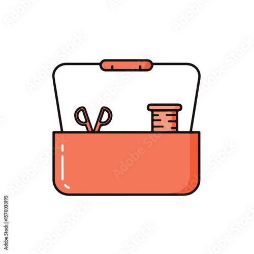 A toolbox featuring scissors and thread.