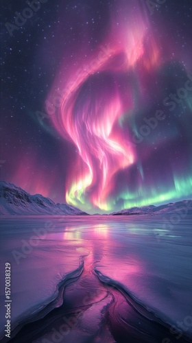 Purple and green aurora lights over a frozen lake and mountains