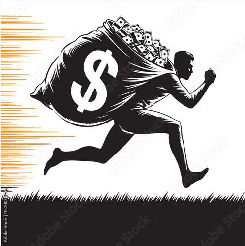Silhouette of a person running with a large bag full of money