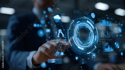 Digital Transformation: A businessman interacts with a futuristic holographic interface, showcasing innovative technology and data visualization in a modern office setting. 
