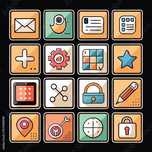 Eighty Square User Interface Icons Grid Pastel Color Palette App Symbols Collection UI icons app icons