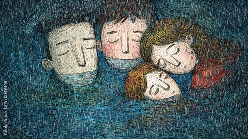 Illustration of four people with eyes closed in a blue swirling textured background