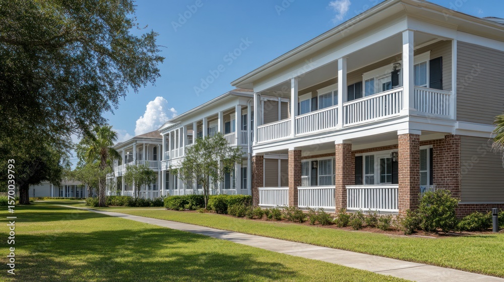 Obraz premium Row of light beige townhouses with white trim and porches under a bright blue sky