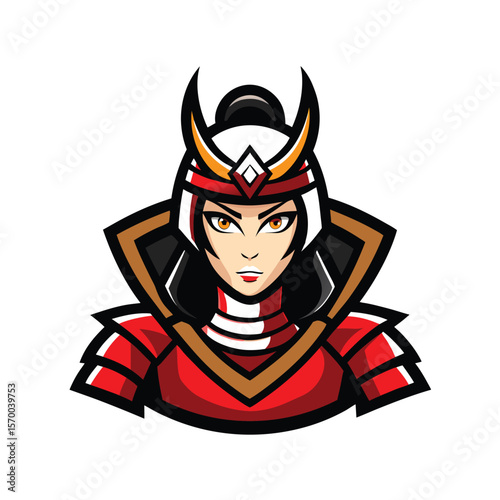Fearless red armor female samurai mascot with intense look Vector illustration
