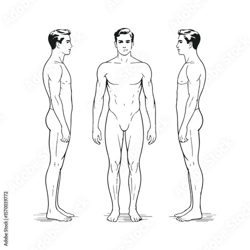 Male figure shown from front side and back profile views in black and white line art