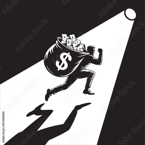 Man running with a bag full of money under a spotlight with a shadow