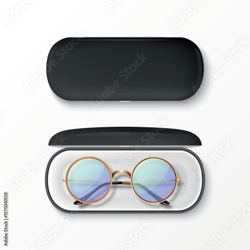 Vector 3d Realistic Round Sunglasses with Gold Metal Frame, Hard Black Case, Isolated. Vintage Eyeglasses in Open and Closed Protective Case. Design Template for Optics, Fashion, Eyewear Branding