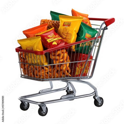 Full shopping cart overflowing with assorted snack bags and crisps isolated on transparent background