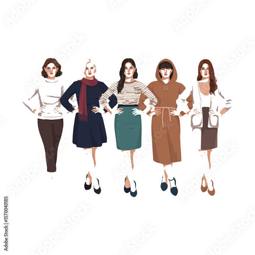 Five stylish women in fashionable autumn outfits standing confidently with hands on hips