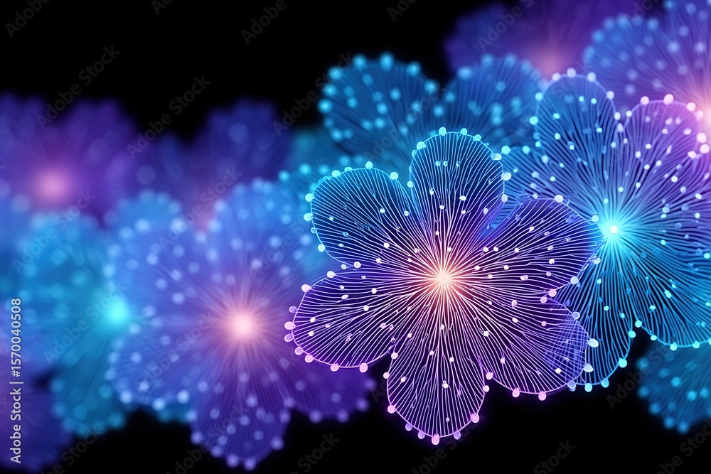 Fototapeta premium Colorful glowing flowers create an abstract display with vibrant hues against a dark background for artistic inspiration