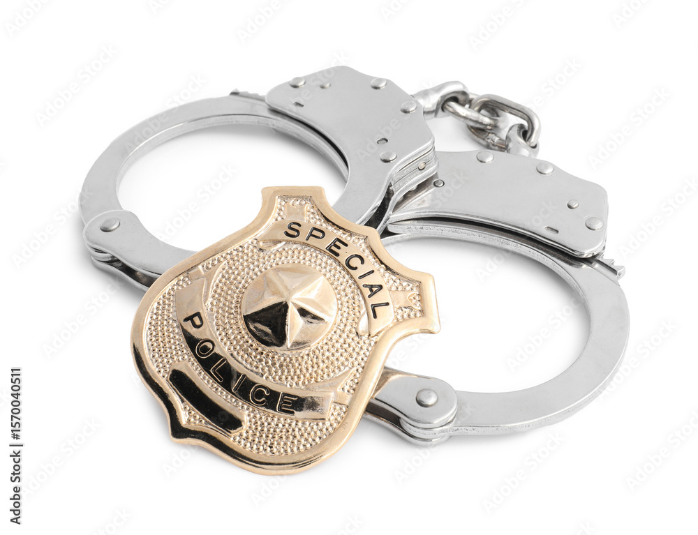 Obraz premium Police badge and handcuffs on white background