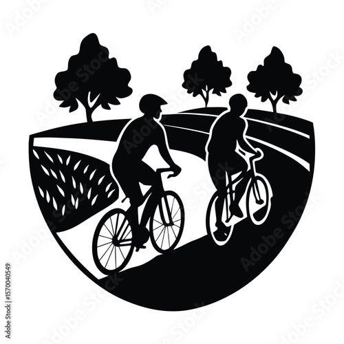 Two cyclists riding on a path with trees silhouette vector illustration