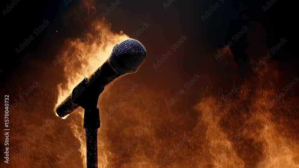 Microphone surrounded by intense flames, creating a striking visual of fiery passion and energy. The burning effect symbolizes powerful expression and dynamic performance