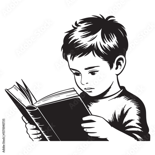 Young boy engrossed in reading an open book with a focused expression