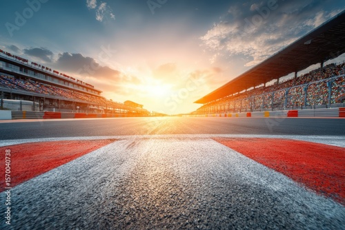 A vibrant race track at sunset, with grandstands full of seats and dramatic sky lighting up the empty circuit