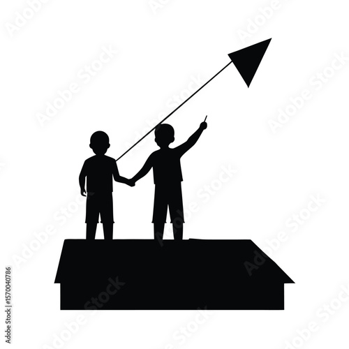 Two children flying kite on roof silhouette vector illustration