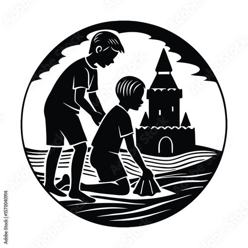 Boys building a sandcastle on the beach silhouette vector illustration