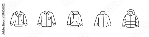 Set of Minimalist Line Outerwear Icons: Jacket, Shirt, Hoodie, Pullover, and Puffer Coat Apparel Symbols