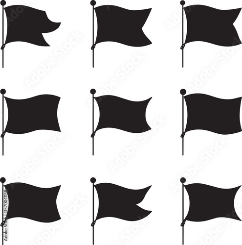 Black Flag Icons Set – Waving Flags on Pole Silhouette Vector Collection