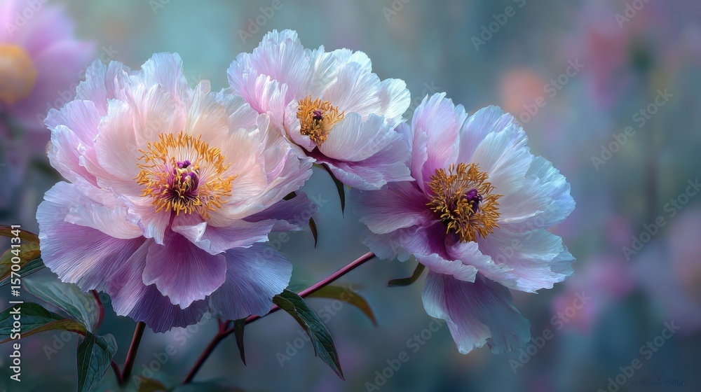 Three pink flowers with yellow centers are in a field. The flowers are in full bloom and are surrounded by a blue sky. Scene is peaceful and serene, as the flowers are the main focus Three pink flowers with yellow centers are in a field. The flowers are in full bloom and are surrounded by a blue sky. Scene is peaceful and serene, as the flowers are the main focus