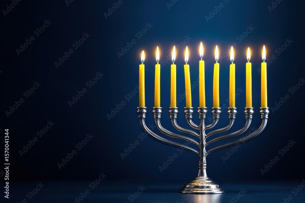 Fototapeta premium A silver menorah with nine lit yellow candles stands against a dark blue background, symbolizing the Jewish festival of Hanukkah