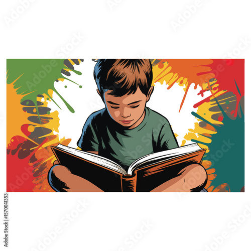 Young boy sitting cross legged reading an open book with colorful paint splatters