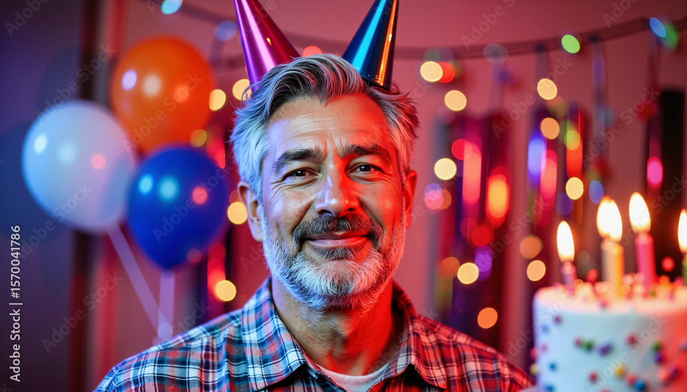 Fototapeta premium Joyful celebration with middle-aged man at festive birthday party, happiness