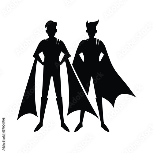 Two superhero figures standing side by side silhouette vector illustration