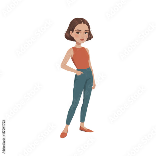 Stylized illustration of a young woman in casual clothing with one hand in her pocket