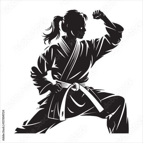 Silhouette of a female karate practitioner in a fighting stance with a raised fist