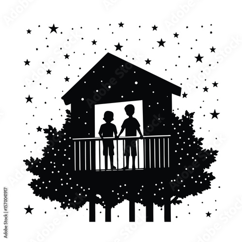 Silhouette brother, Two boys in treehouse under stars night sky silhouette vector illustration
