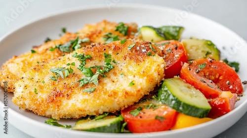 Crispy Chicken with Fresh Salad: A beautifully styled composition of golden-brown chicken cutlets, adorned with fresh parsley, served alongside a vibrant salad of sliced tomatoes, cucumbers.