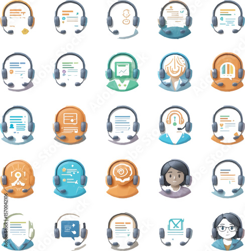 Illustration showing various customer service representative avatars with headsets and associated icons