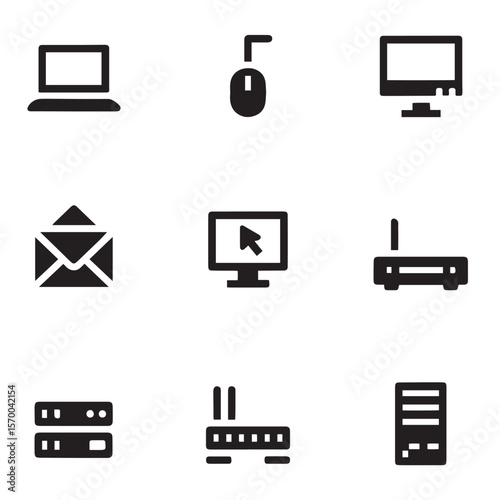 Collection of nine simple black computer and networking technology icons on a white background