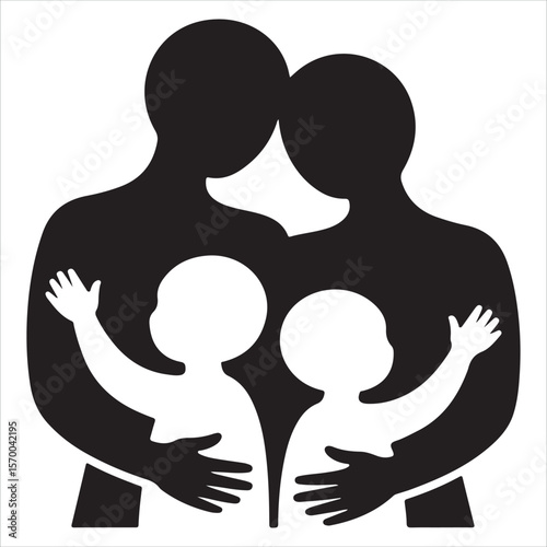 Loving parents embracing their two children in a warm family hug