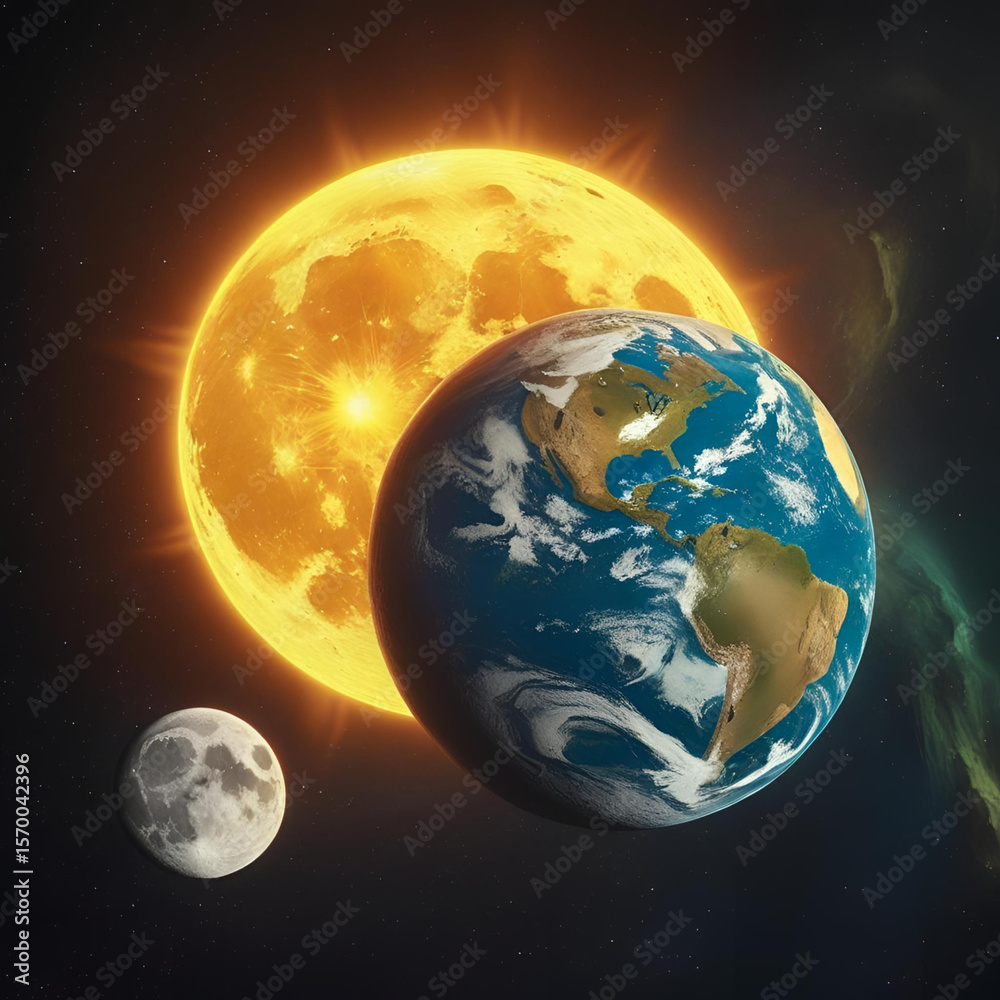 Obraz premium Earth, Moon, and Sun in Outer Space