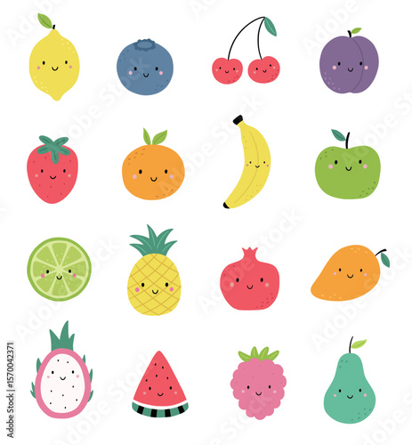A set of cute cartoon fruits and berries. Vector illustration isolated on a white background