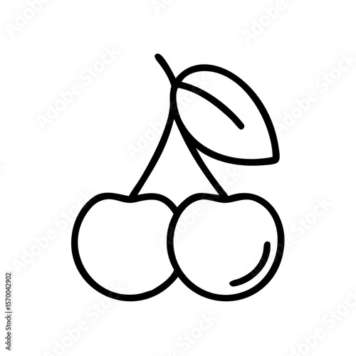Simple line drawing of cherry fruit with a leaf  