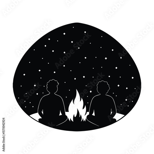Silhouette brother, People sitting around campfire under starry night silhouette vector illustration