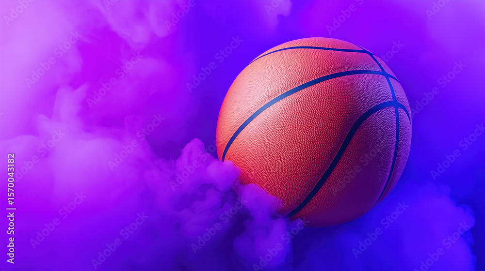 Fototapeta premium Sport background with a basketball floating in vibrant purple smoke