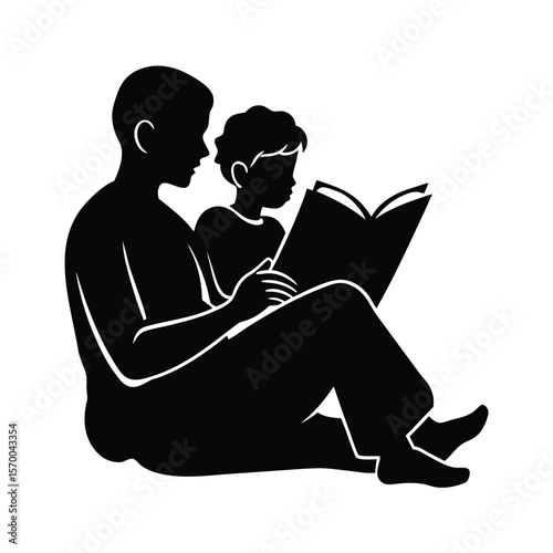 Father and son reading a book together silhouette vector illustration