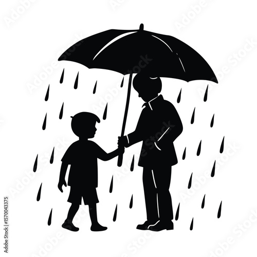 Father and son under umbrella in the rain silhouette vector illustration