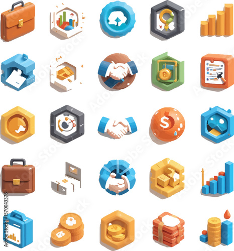 Collection of twenty four business and finance related icons in isometric low poly style art design