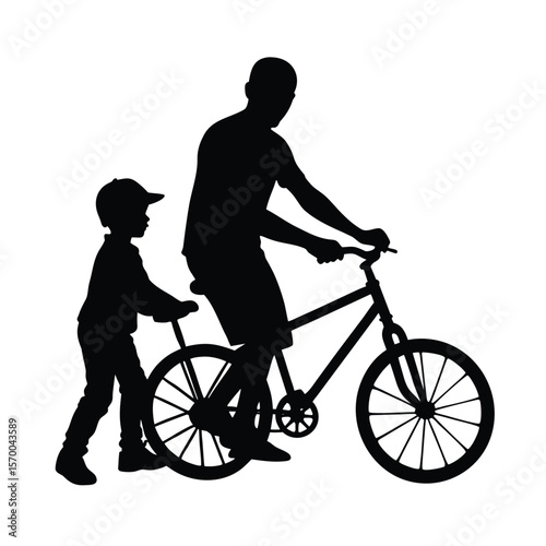 Father teaching son to ride bicycle silhouette vector illustration