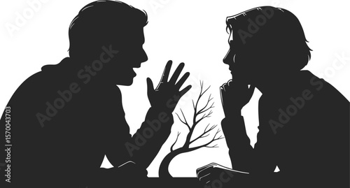 "Silhouette of two individuals engaged in discussion, symbolizing communication, counseling, therapy, and emotional support, with a tree representing growth and connection, isolated."