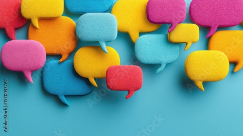 A bunch of colorful speech bubbles are scattered across a blue background. The speech bubbles are made of a fuzzy material and are of various sizes and colors. Scene is playful and whimsical