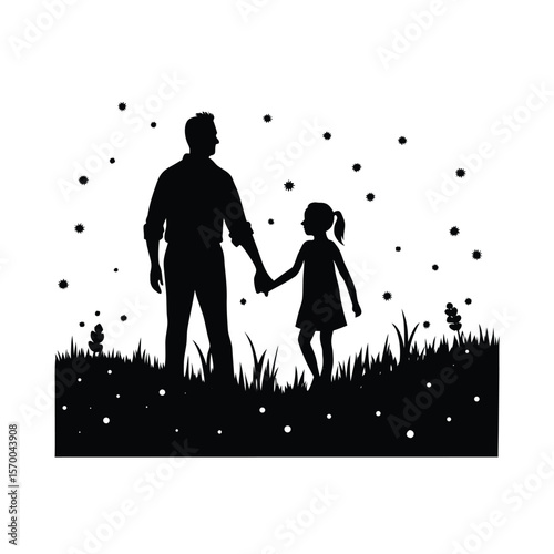 Father and daughter walking in field silhouette vector illustration