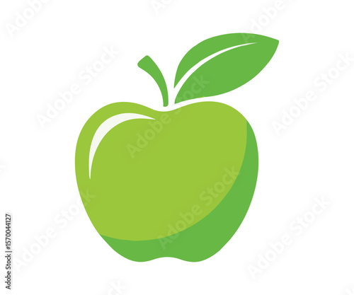 Simple green apple with a leaf and stem on a white background